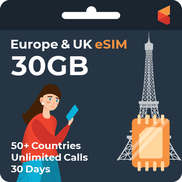 Tarjeta eSIM prepaga para viajes de Europa y Reino Unido, 30 GB, 30 dí