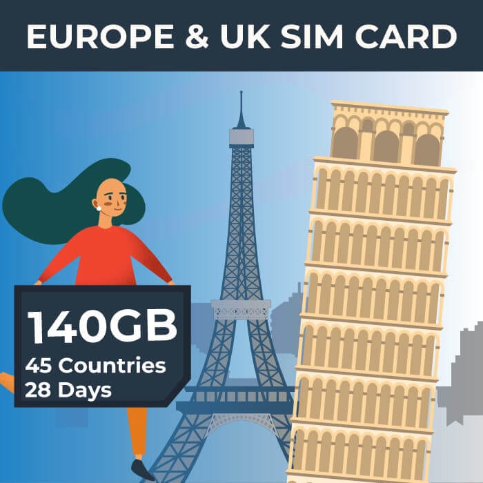 Europe & UK Travel Sim Card (140GB)